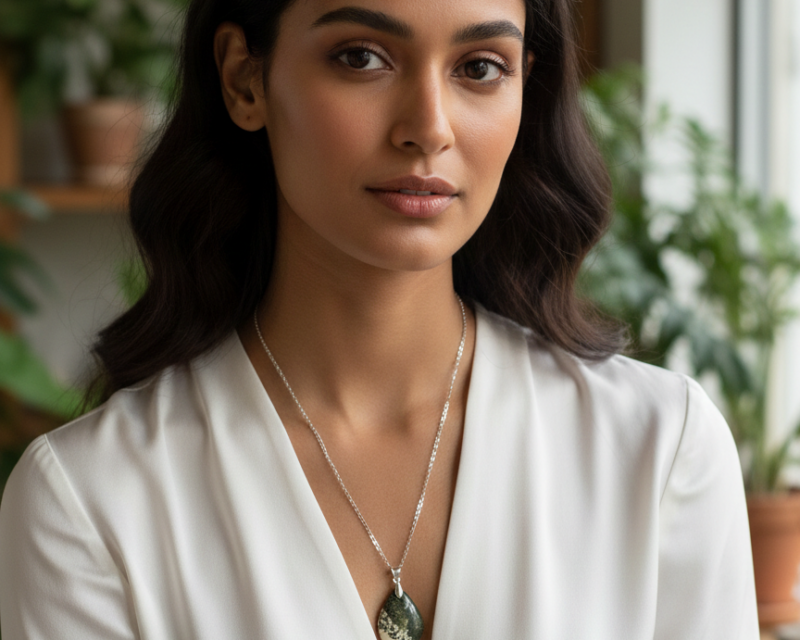 Pendentif Agate Mousse Naturelle – Collier en Pierre Authentique Vert et Beige