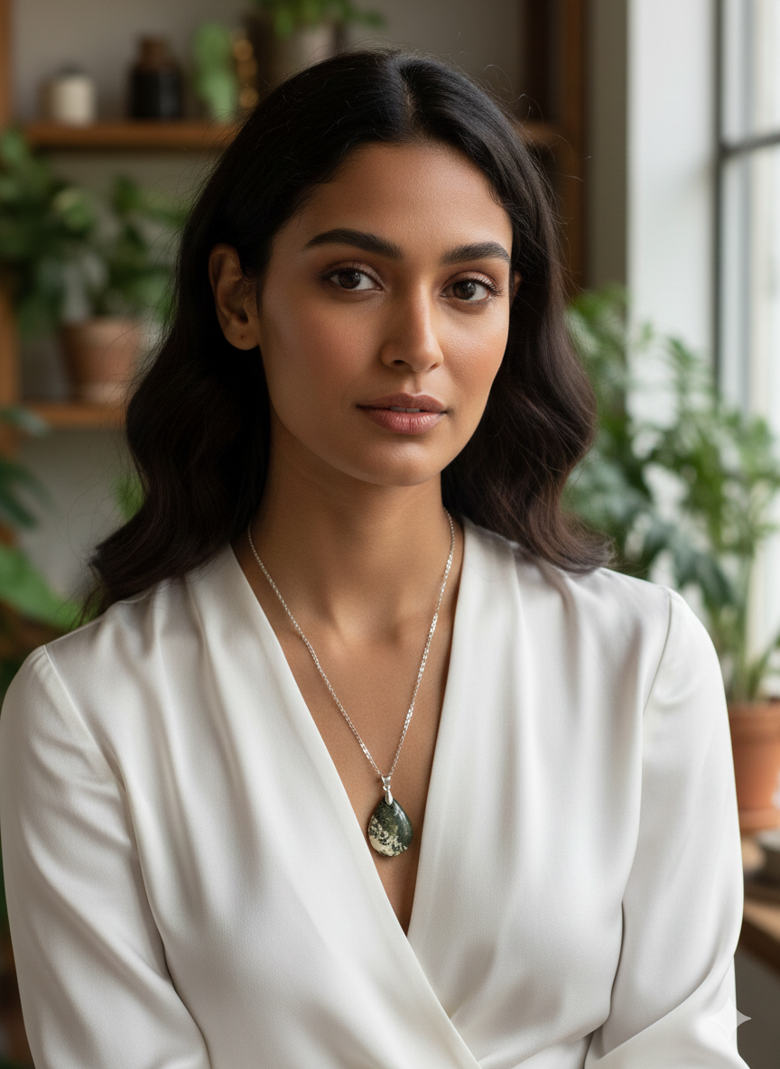 Pendentif Agate Mousse Naturelle – Collier en Pierre Authentique Vert et Beige