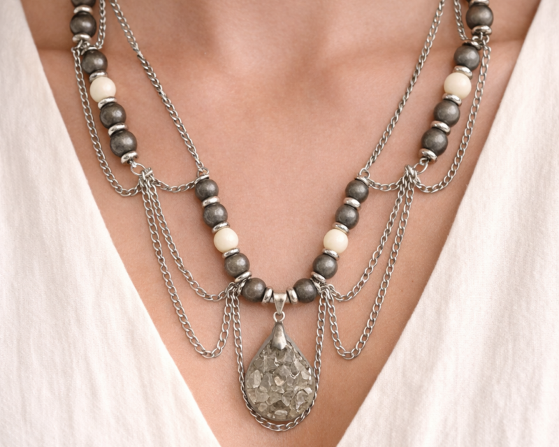 Collier Pyrite & Agate Blanche – Goutte Minérale