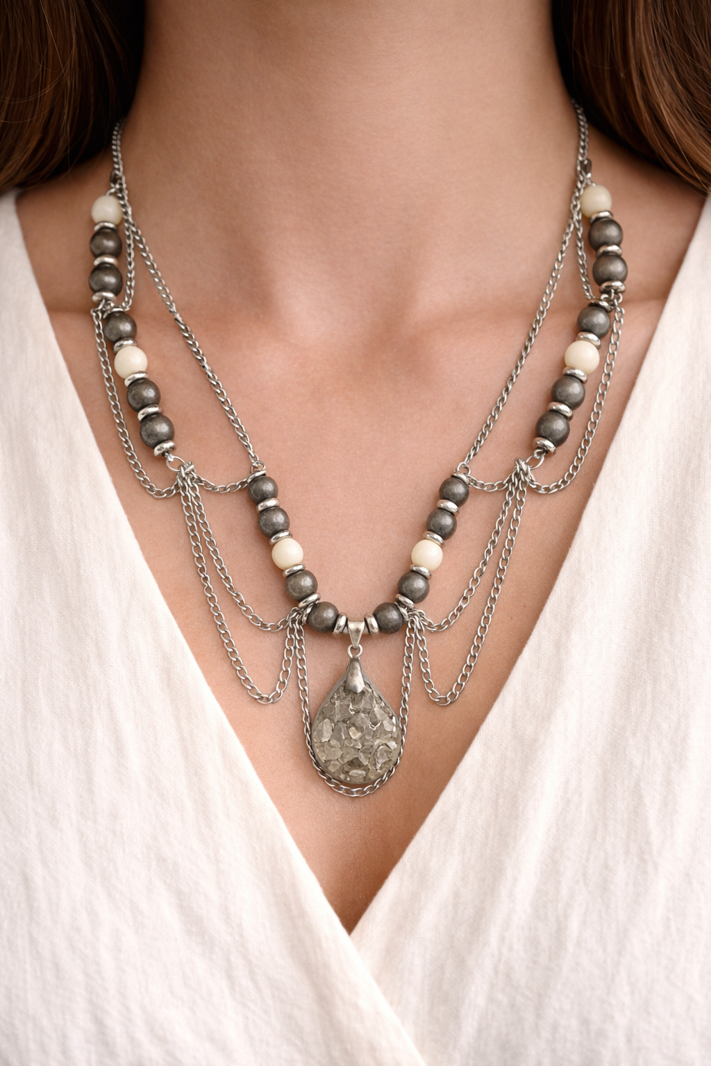 Collier Pyrite & Agate Blanche – Goutte Minérale