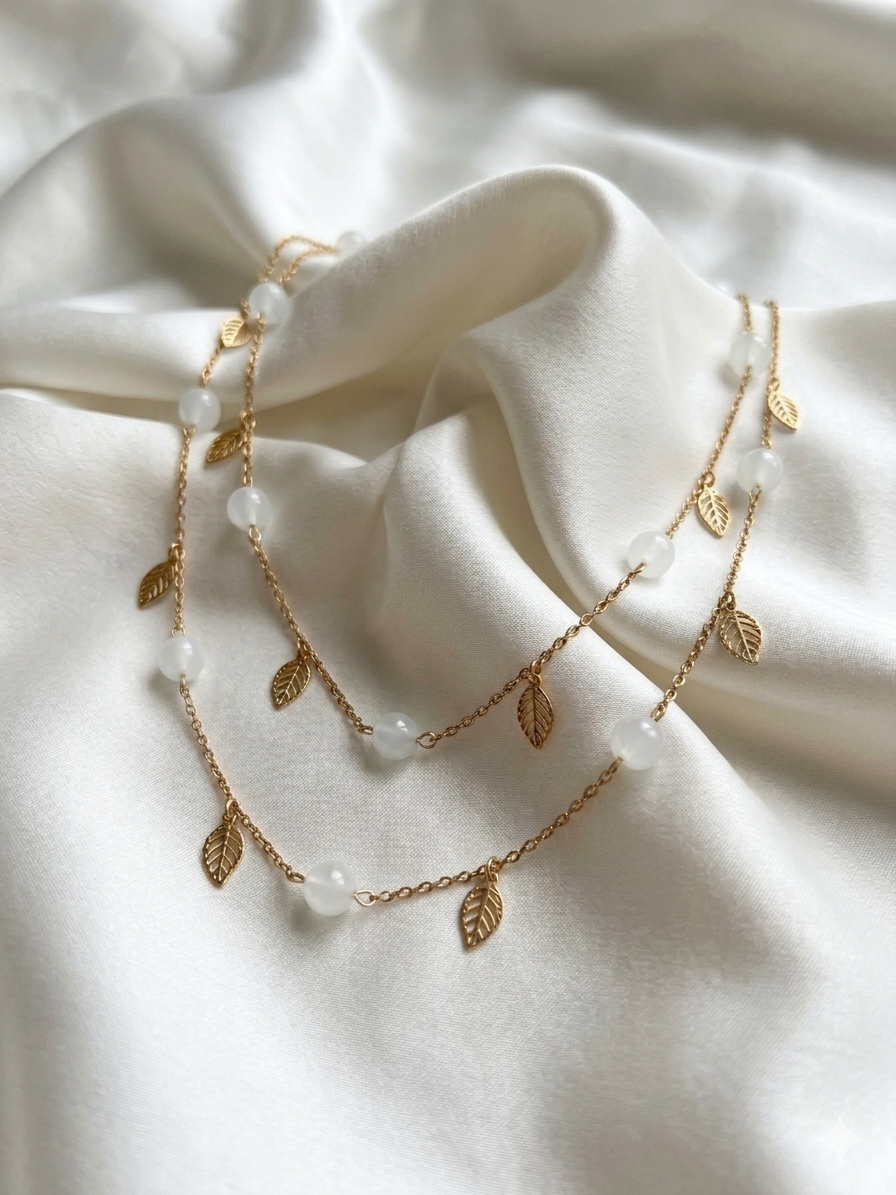 Collier Double Rang en Jade Blanche et Feuillage Or "Nymphéa" – Image 2