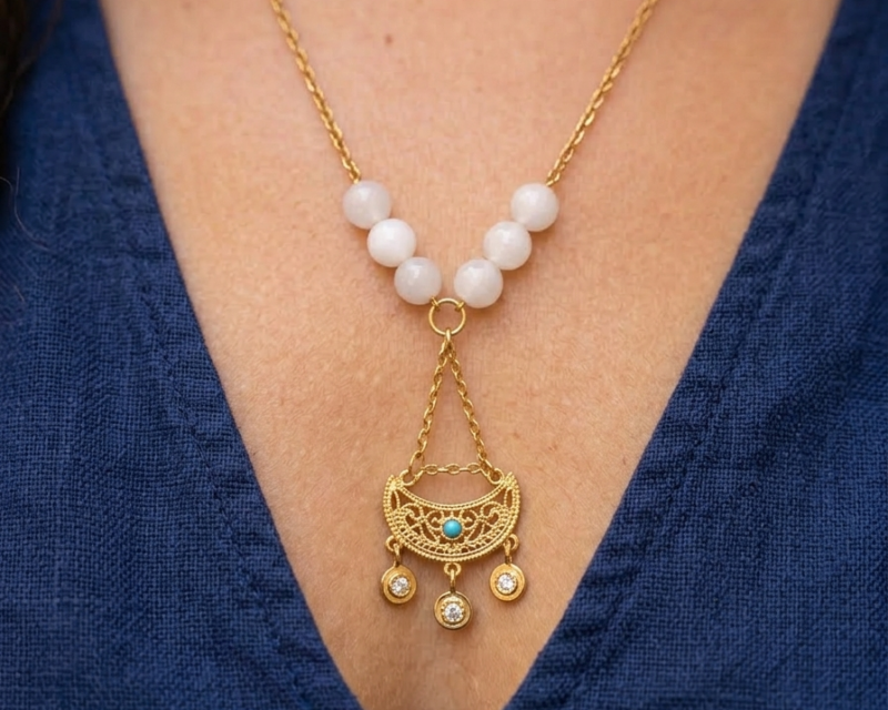 Collier Jade Blanc en Acier Inoxydable Doré – Éclat Durable & Sérénité