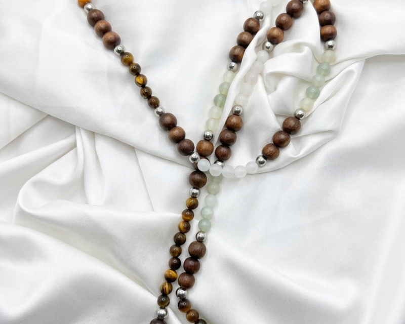 Mala Sacré "Sérénité & Ancrage" en Bois Naturel, Jade de Chine et Œil de Tigre
