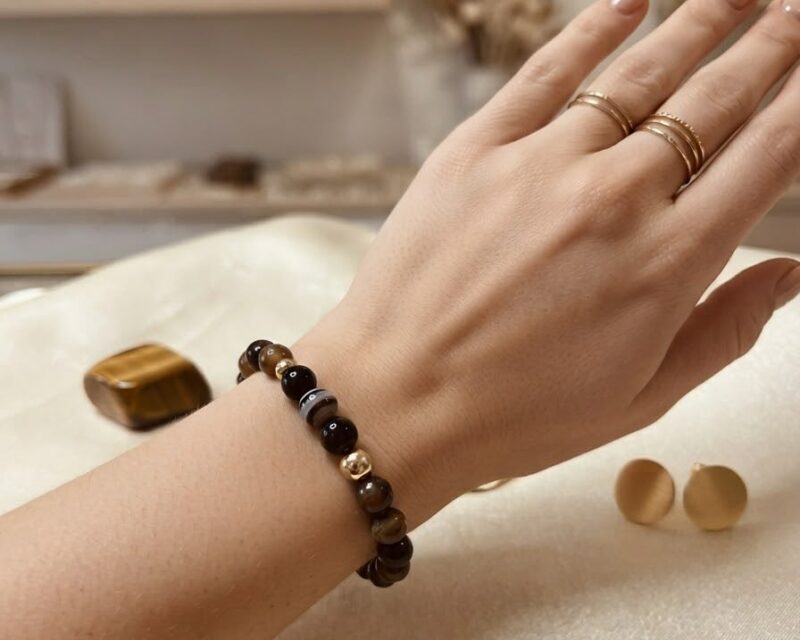 Bracelet Jaspe Café – Perles Naturelles & Perles Dorées